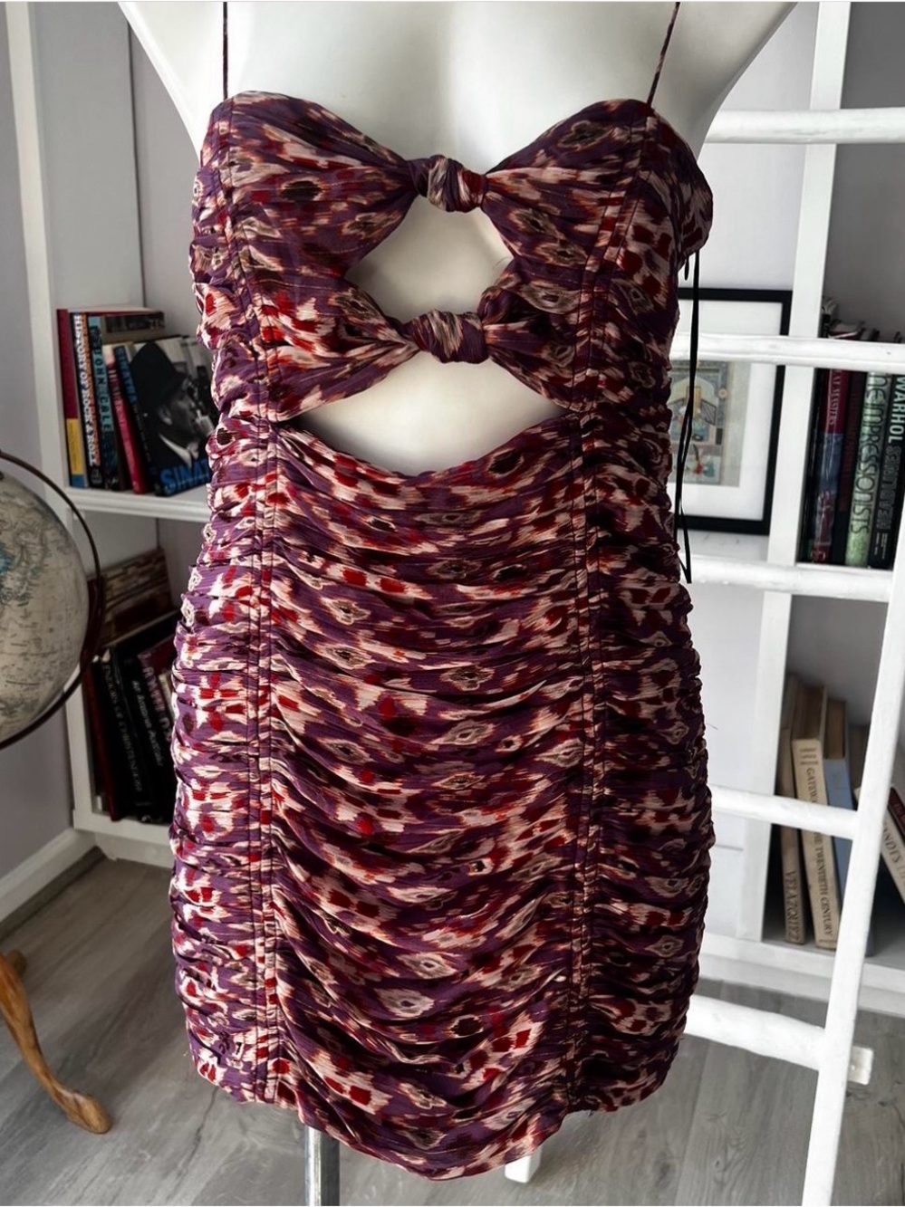 Zara Purple Patterned Cutout Ruched Mini Dress